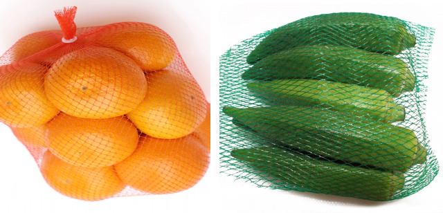 ネットに入ったみかん　オクラ　配色　類似色