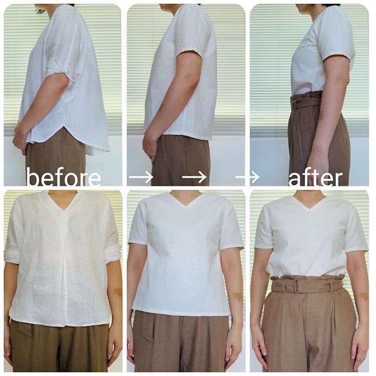 体型カバーTブラウスビフォーアフター ガウチョパンツ　スッキリママコーデ　麻ブラウス　リネン　中年太り　ポッチャリ贅肉　ポッコリお腹　洋服選び