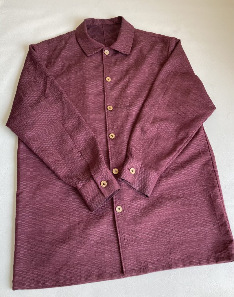 着物　リメイク　半コート　メンズジャケットシャツ　織物　紫　
