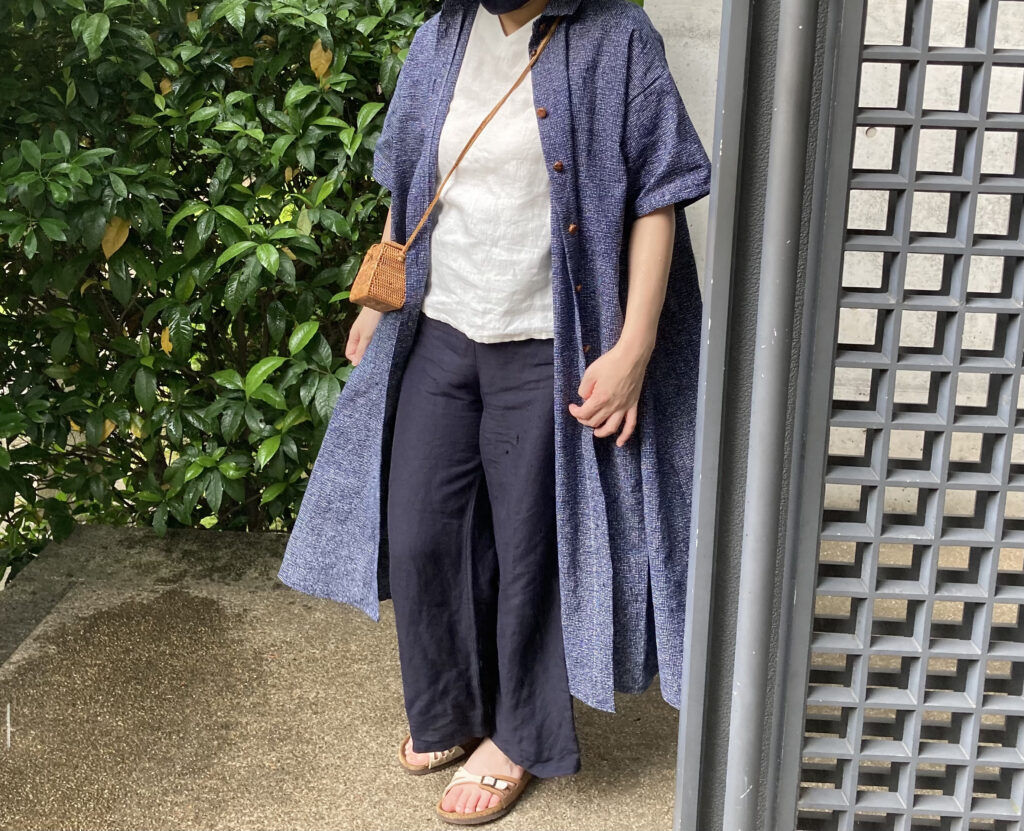 浴衣リメイク　ロングシャツ　30代　40代　50代ゆったりコーデ　骨格診断ナチュラル　アップサイクル　手作り服