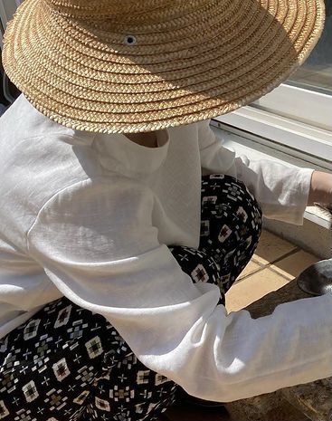 古典柄　和風　着物モンペ　穴あき着物リメイク野良着　麦わら　リネンブラウス　長袖