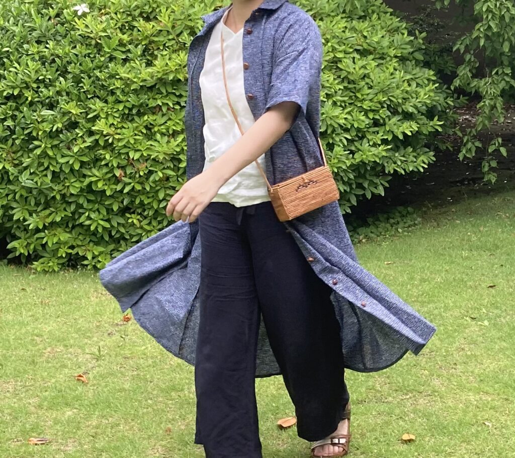 浴衣リメイク　シャツワンピース　リネンブラウス　白インナー　麻ブラウス　リネンパンツ　アップサイクル服　手作り服
