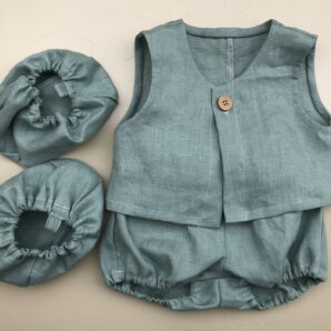 麻/リネン100％子供服”出産祝いに”可愛いシッポ付きセット