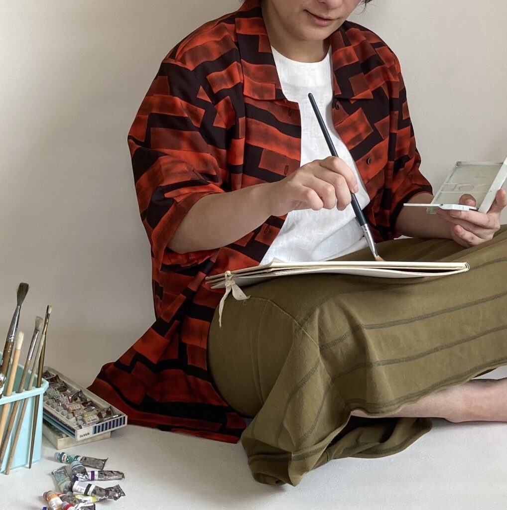 アーティステックな羽織　派手な服　オレンジ　メンズ　着物リメイク　アート服　個性的なシャツ　アップサイクル