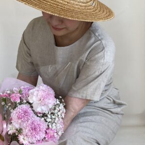 麻/リネン100％透けにくいゆったり腰紐ワンピース（半袖）